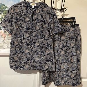 Talbots Navy and Cream Leaf Print Skirt Set